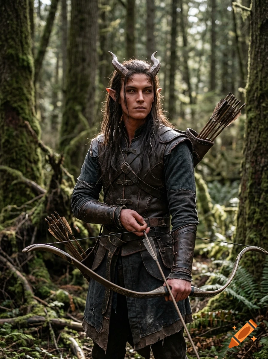 Photorealistic image of a half elf, half demon archer holding a bow in a dense forest.