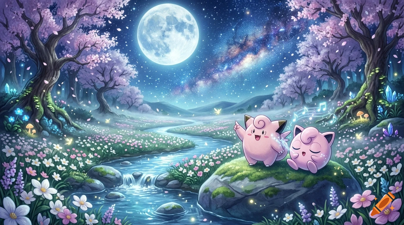 Two pink fictional creatures beside a winding river under a full moon, starry night sky, and blossoming trees.