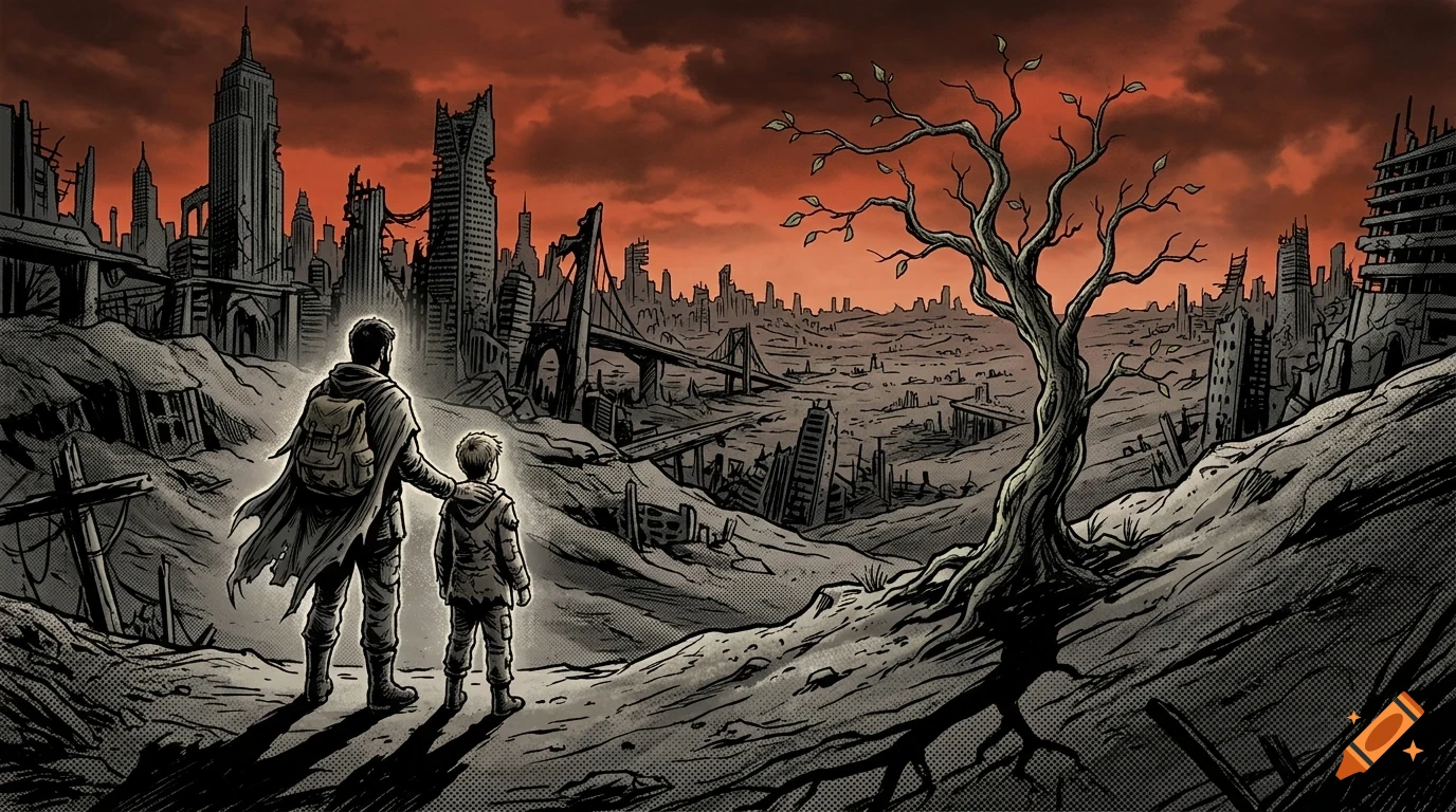 An adult and child stand on a hill overlooking a ruined, post-apocalyptic cityscape under a dark red sky.