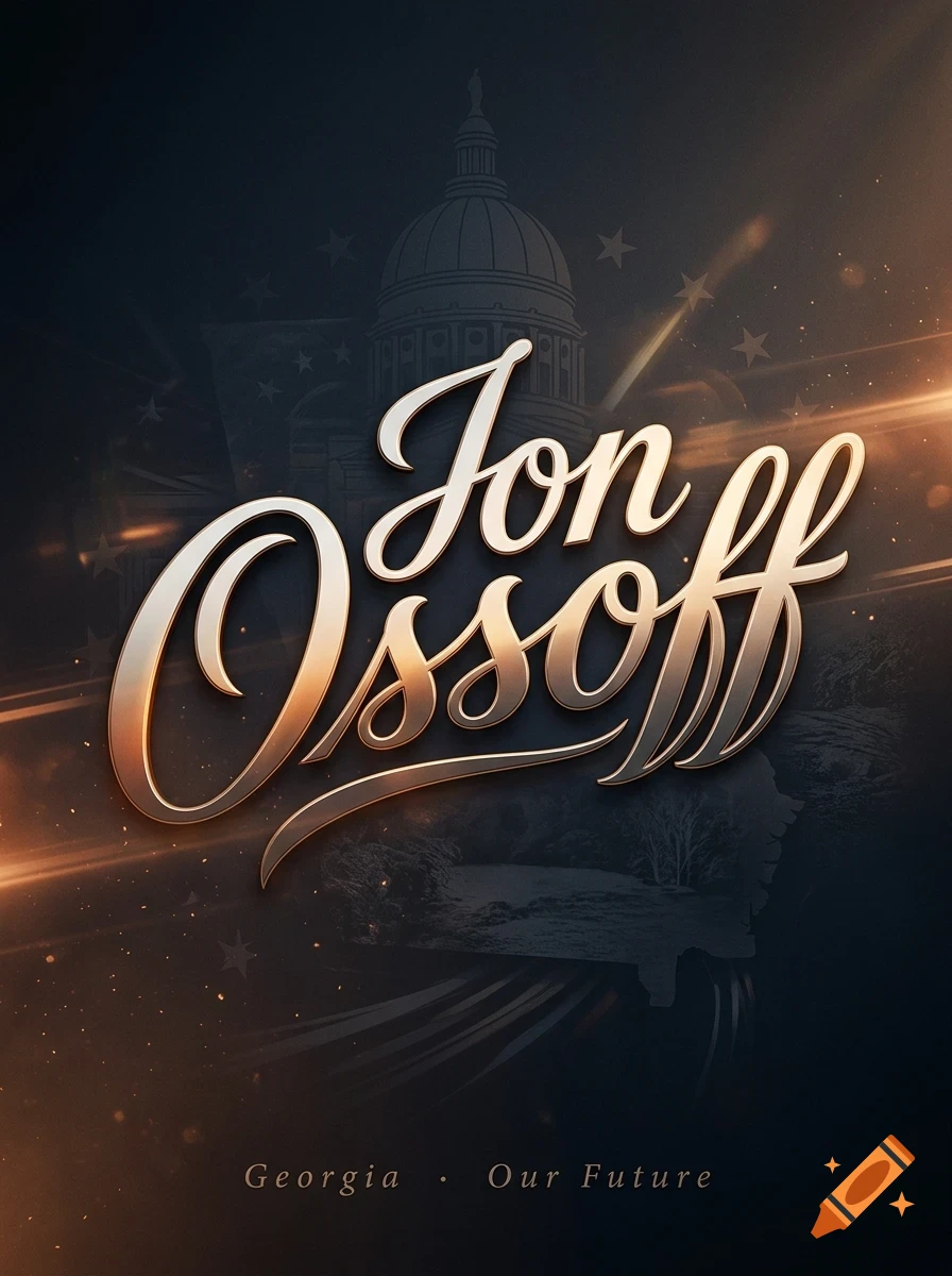 A stylized golden graphic with lettering reading 'Jon Ossoff', featuring a Capitol dome silhouette and stars in the background.