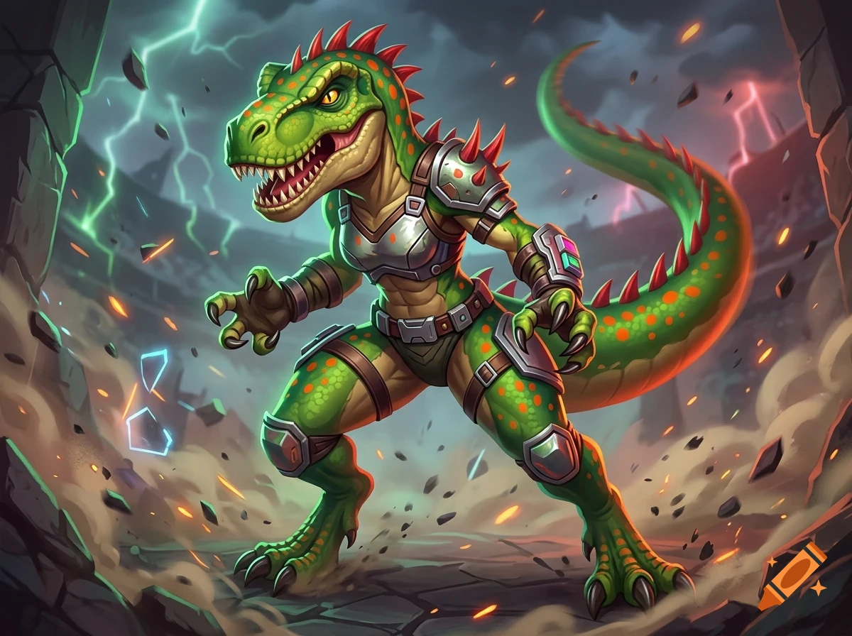 An anthropomorphic green dinosaur warrior in armor stands in a dusty arena with lightning flashing in the dark sky.