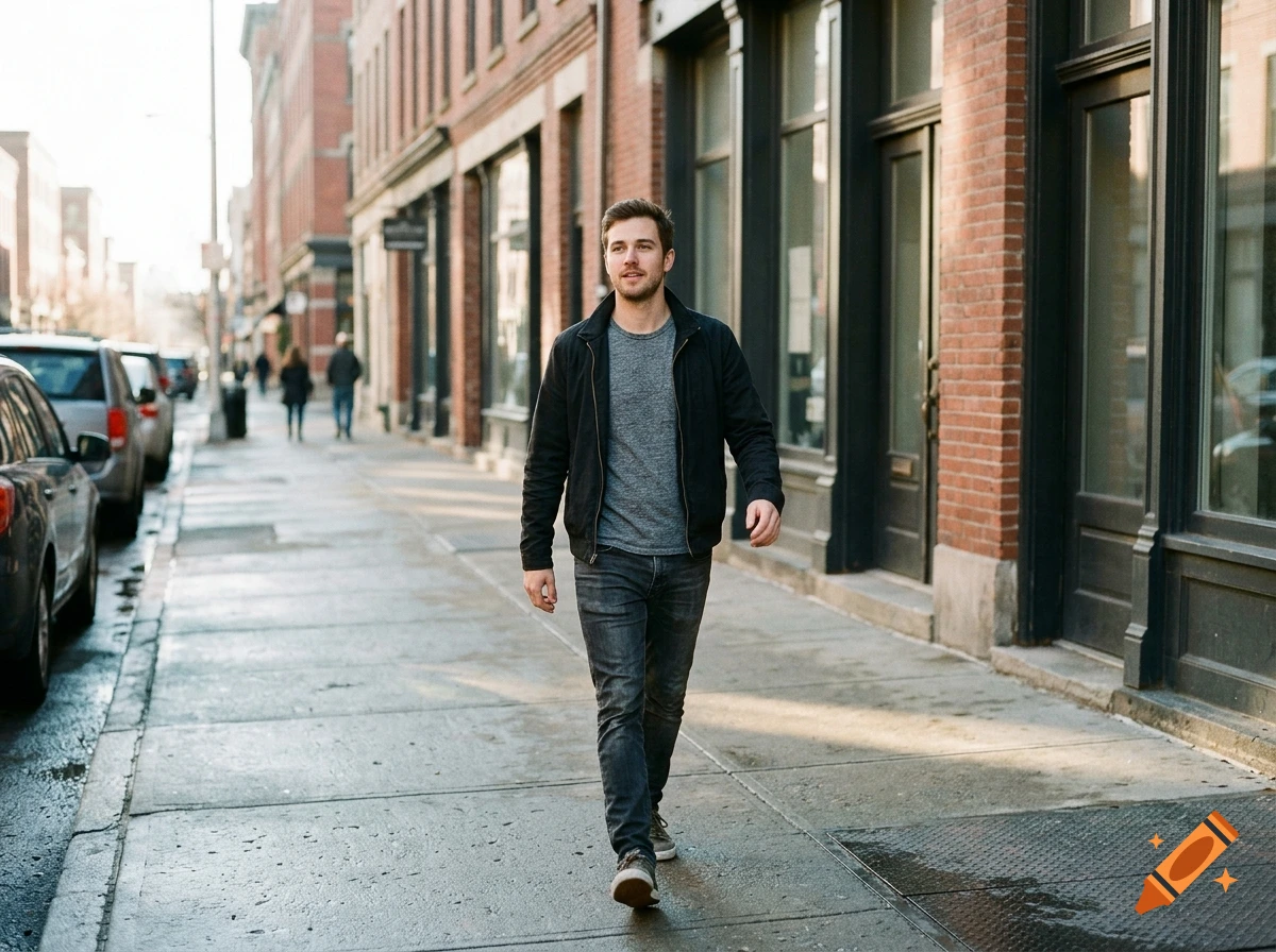 Photorealistic full-body shot of a young man walking down a city sidewalk lined with brick buildings.