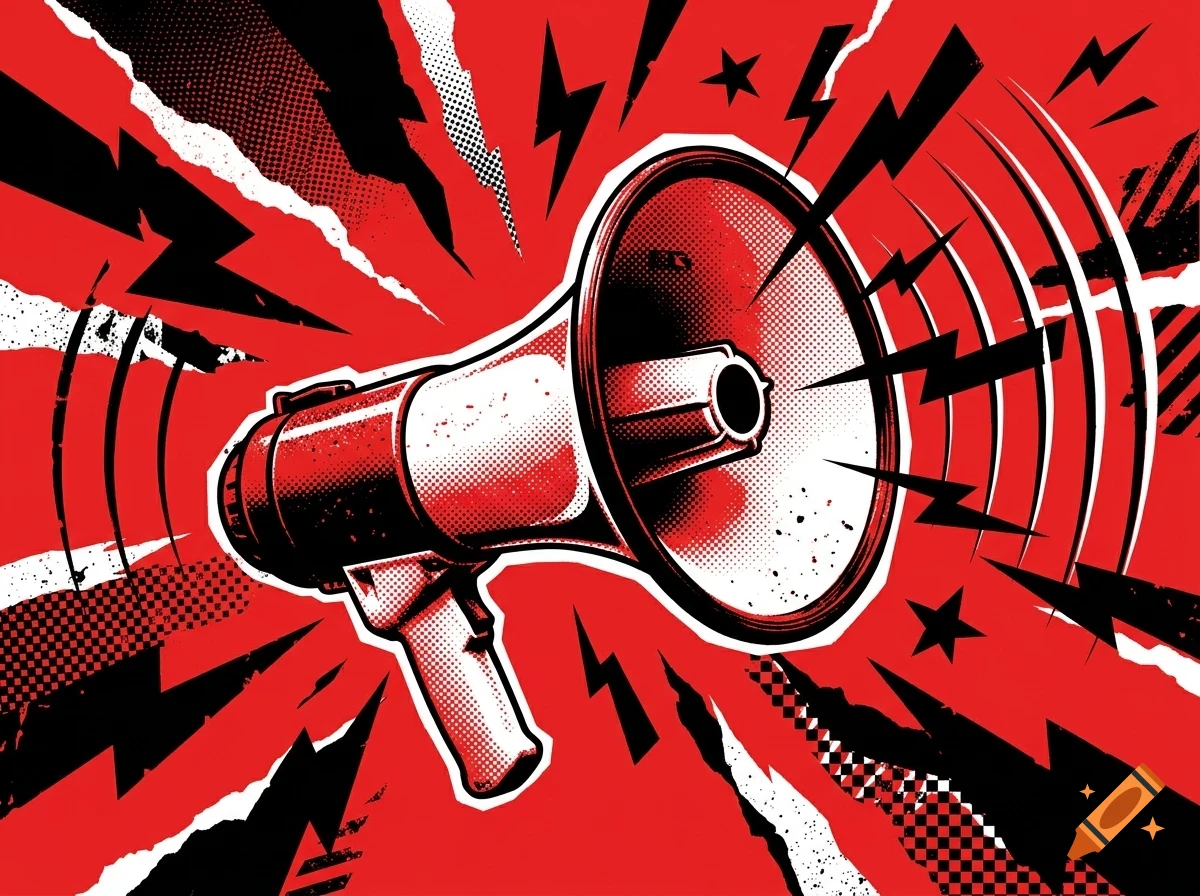 A red and white megaphone emitting sound waves against a bold red, black, and white background with lightning bolts and abstract graphic patterns.