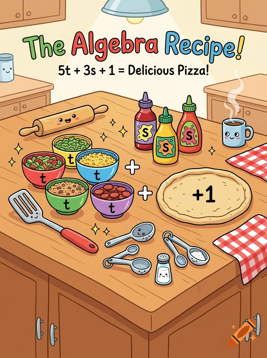 2D cartoon educational poster of an algebra recipe with bowls of toppings and a pizza crust on a kitchen counter.