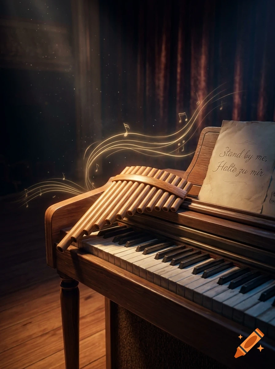 A wooden pan flute resting on a piano keyboard with glowing musical notes swirling above it.