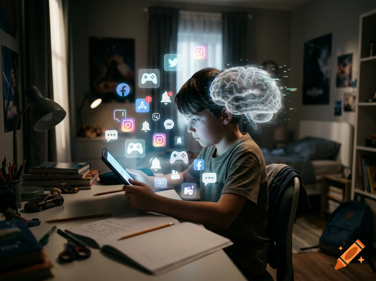 A young boy sitting at a desk in his bedroom, holding a tablet while glowing app icons and a holographic brain float around him.
