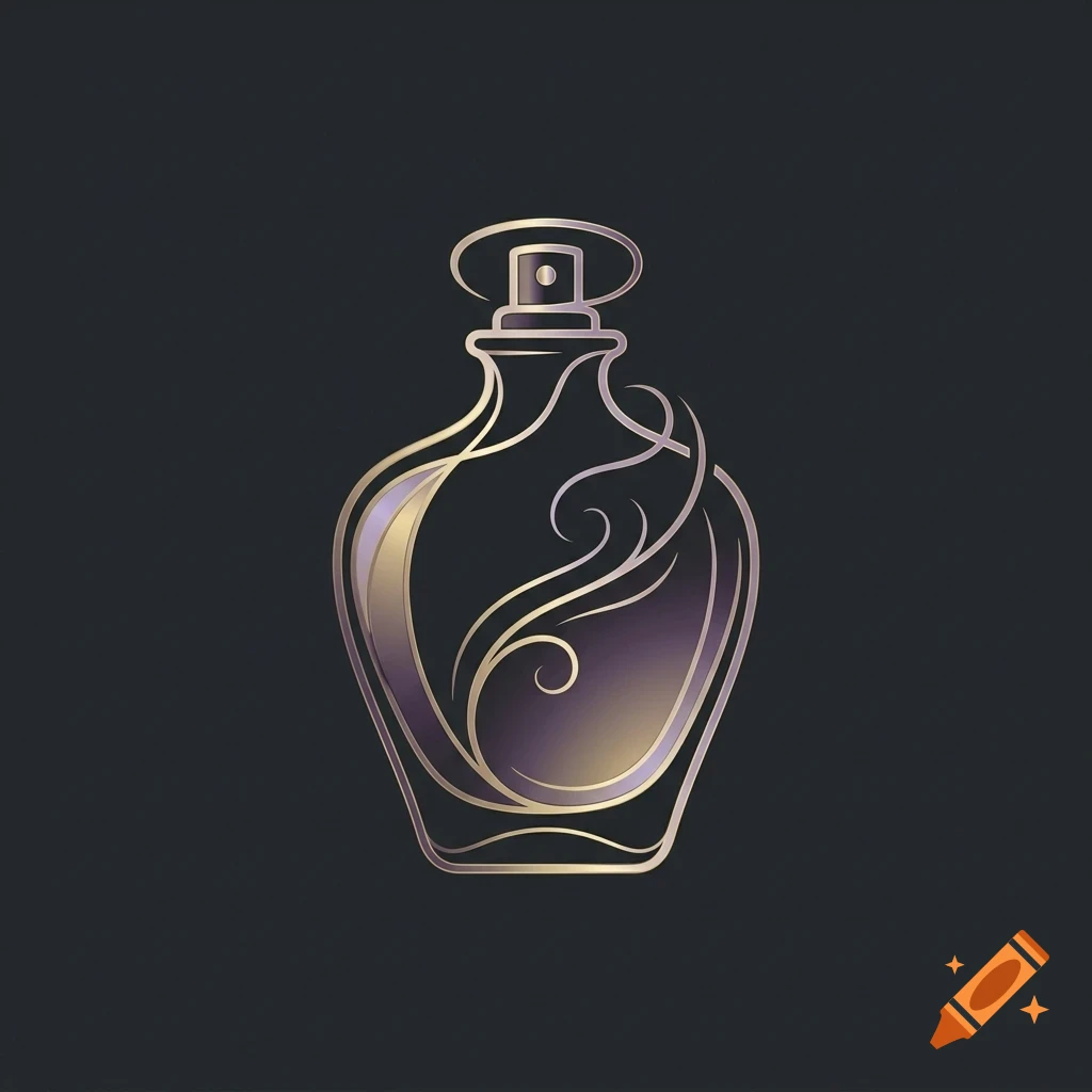 An ornate line art illustration of a perfume bottle with curved decorative flourishes against a dark background.