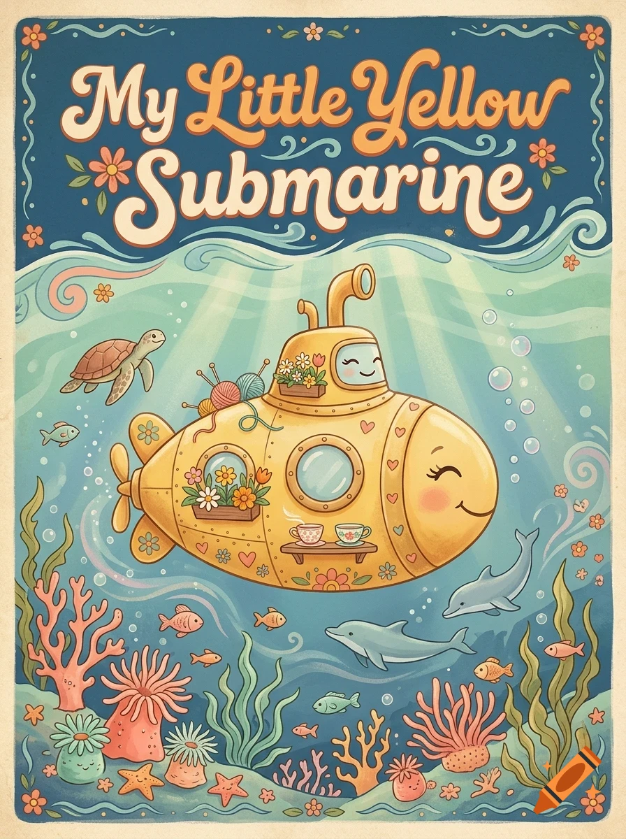 An illustrated poster featuring a smiling yellow submarine underwater surrounded by sea life, coral, and flowers with the text 'My Little Yellow Submarine'.