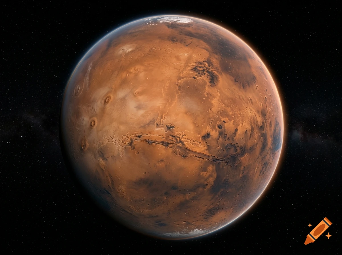 Photorealistic view of the planet Mars with visible craters and surface details against a starry space background.