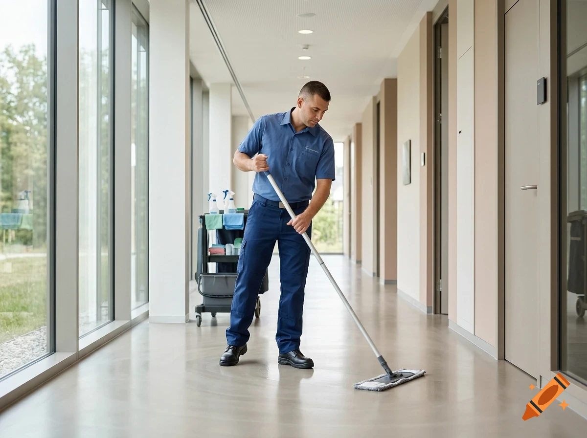 A man in a blue uniform mops the floor of a brightly lit hallway.