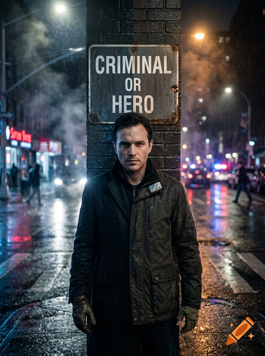 A photorealistic night scene in a rainy city, featuring a man standing in front of a concrete pillar with a sign reading 'Criminal or Hero'.