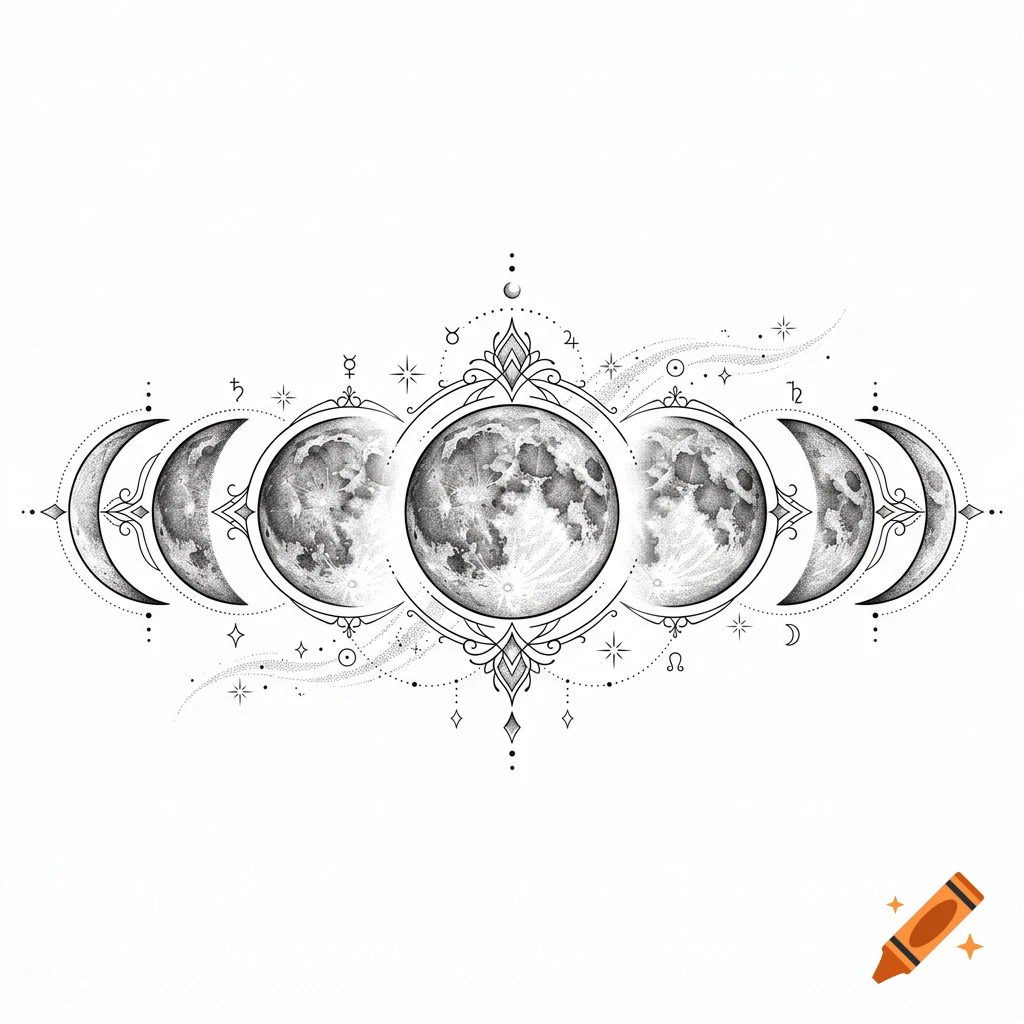 An intricate black and white linework design depicting the lunar phases with decorative flourishes and astrological symbols.