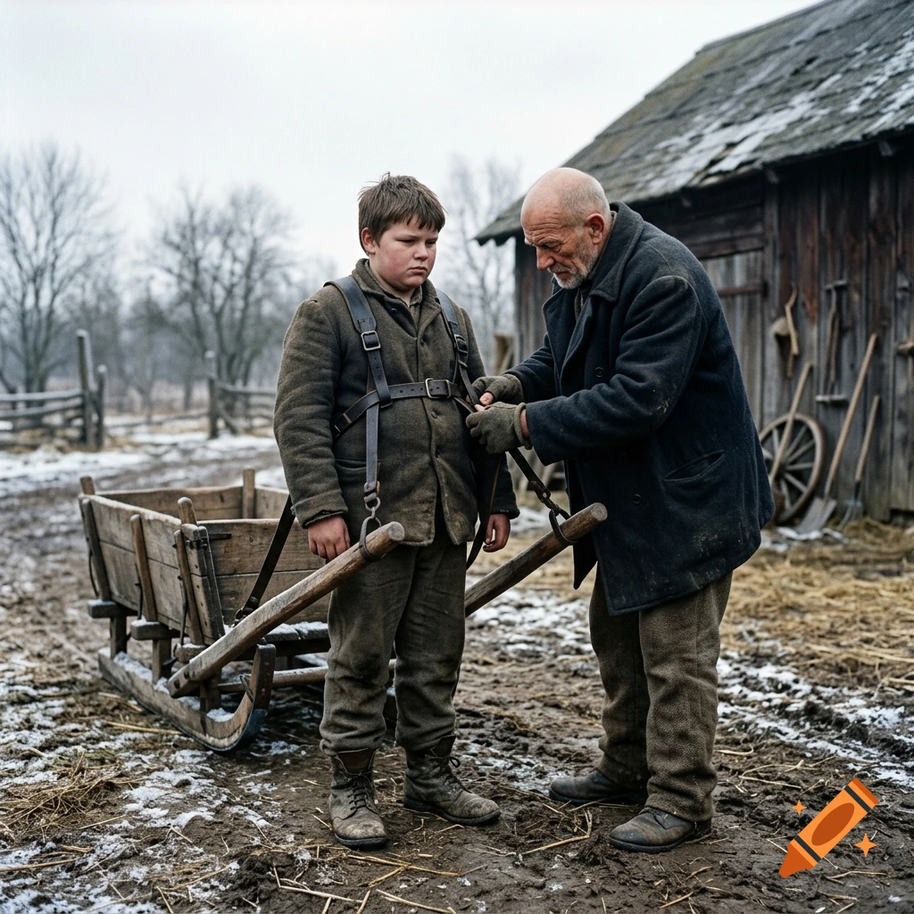 An elderly man helping a young boy harness a wooden sled in a muddy, snow-dusted farmyard with a wooden barn in the background.