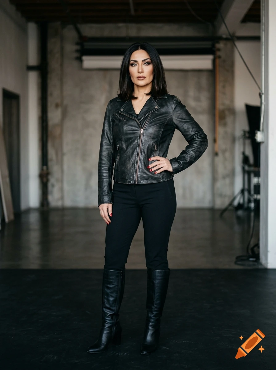 Full-length photorealistic portrait of a woman with dark hair and red lipstick, wearing a black leather jacket, pants, and boots, standing in an industrial loft.