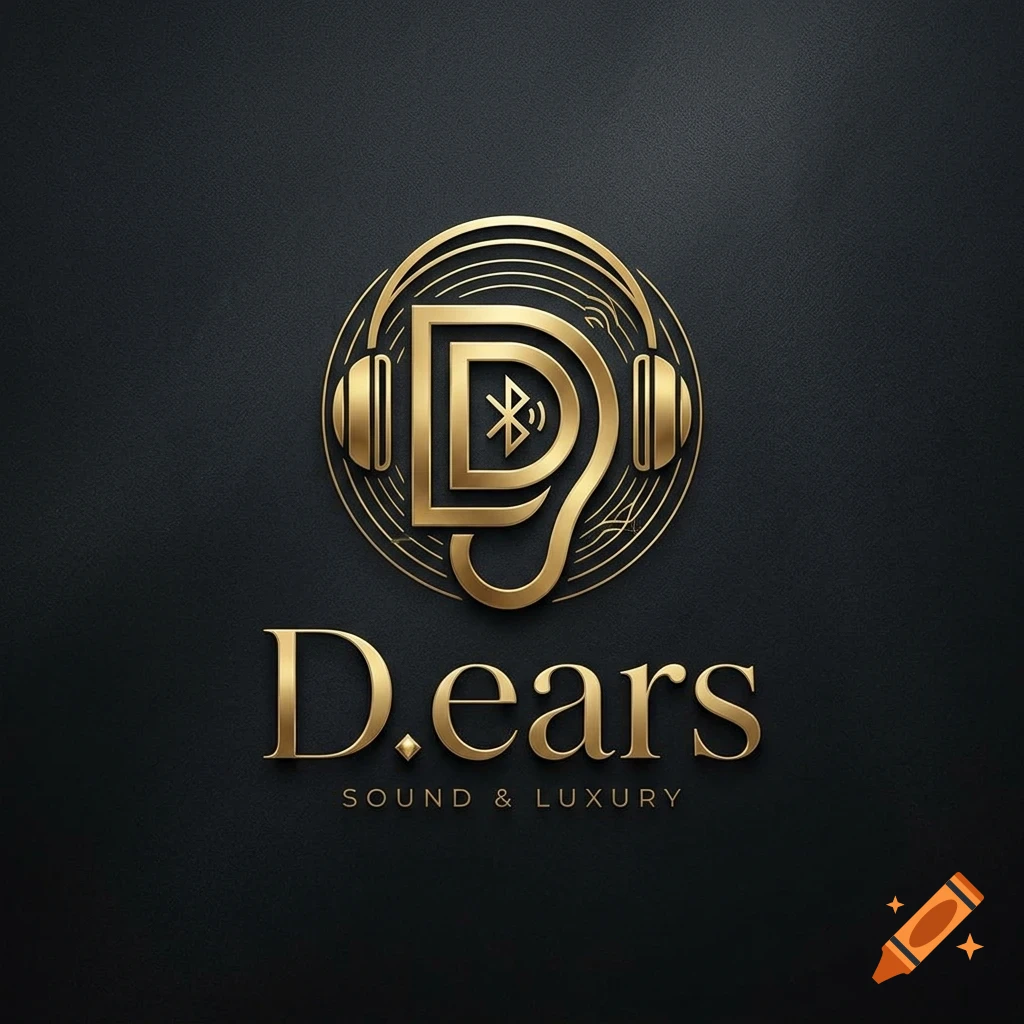 A gold-colored logo on a dark textured background featuring headphones surrounding the letter D and the text "D.ears SOUND & LUXURY".