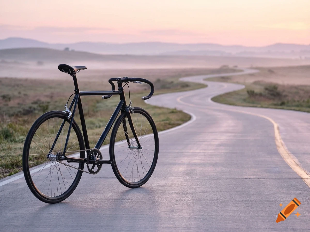 A black road bicycle parked on the side of a winding road during a misty sunrise.