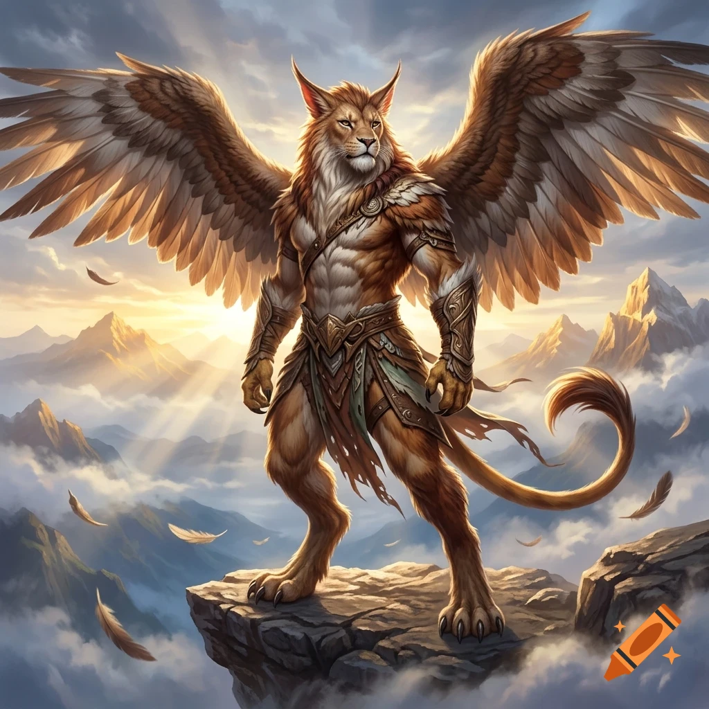An anthropomorphic winged feline creature stands proudly on a rocky cliff overlooking a misty mountain landscape at sunrise.