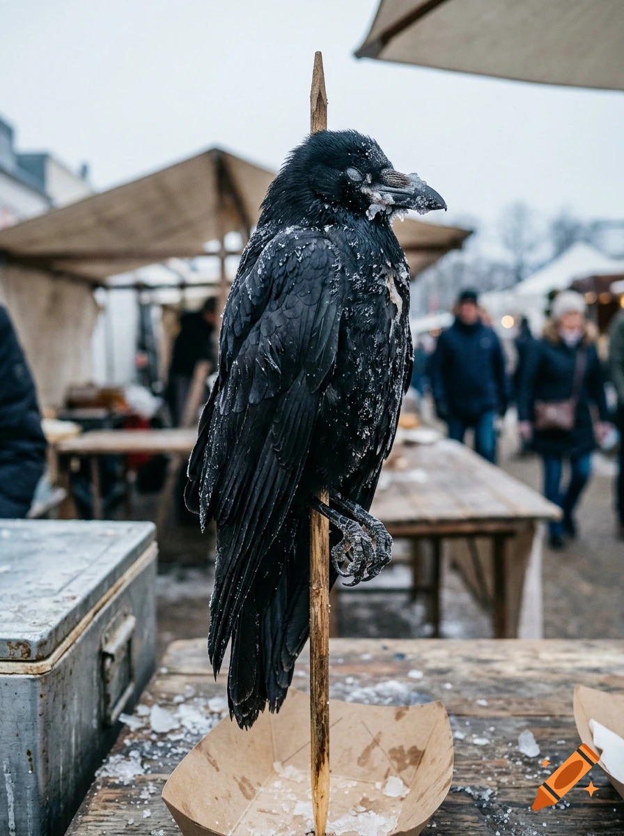 A photorealistic close-up of a frozen black crow skewered on a wooden stick at an outdoor winter market.