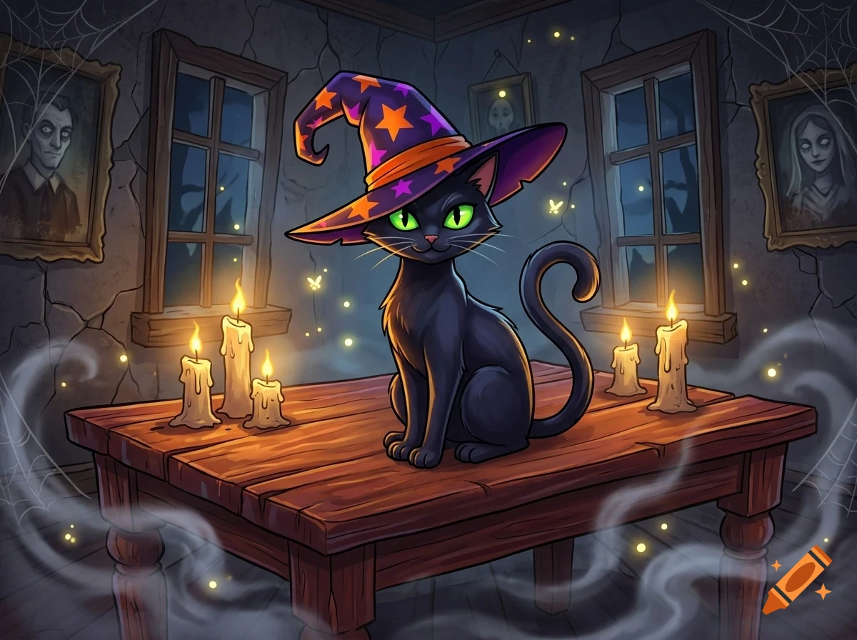 A black cat wearing a witch's hat with orange stars sits on a wooden table surrounded by lit candles in a spooky room.