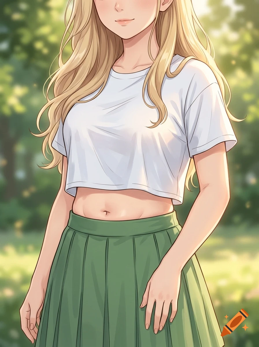An anime-style illustration of a blonde woman wearing a white crop top and a green pleated skirt, outdoors in a park.