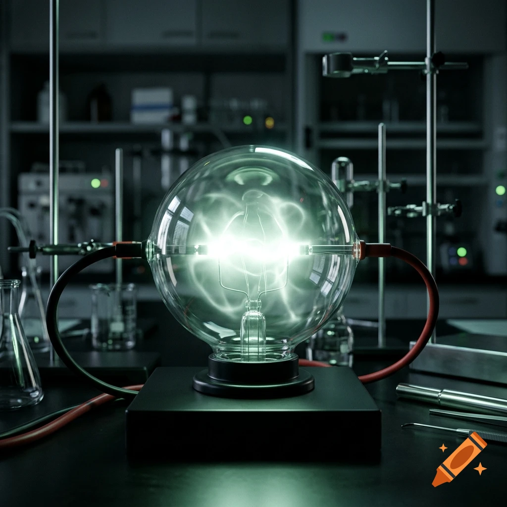 Photorealistic laboratory setting featuring a glowing glass discharge bulb with krypton gas emitting a bright white-green light.
