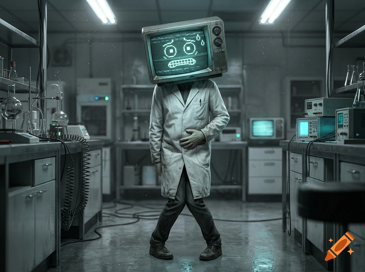 Photorealistic laboratory scene featuring a person with a CRT television for a head, displaying a distressed pixelated face.