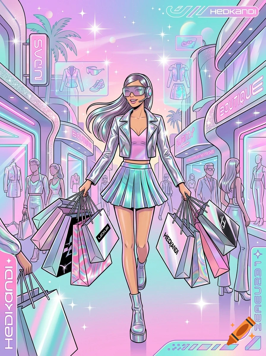 A stylish young woman holding many shopping bags walks down a futuristic pastel street lined with boutiques, wearing a metallic jacket and futuristic visor.