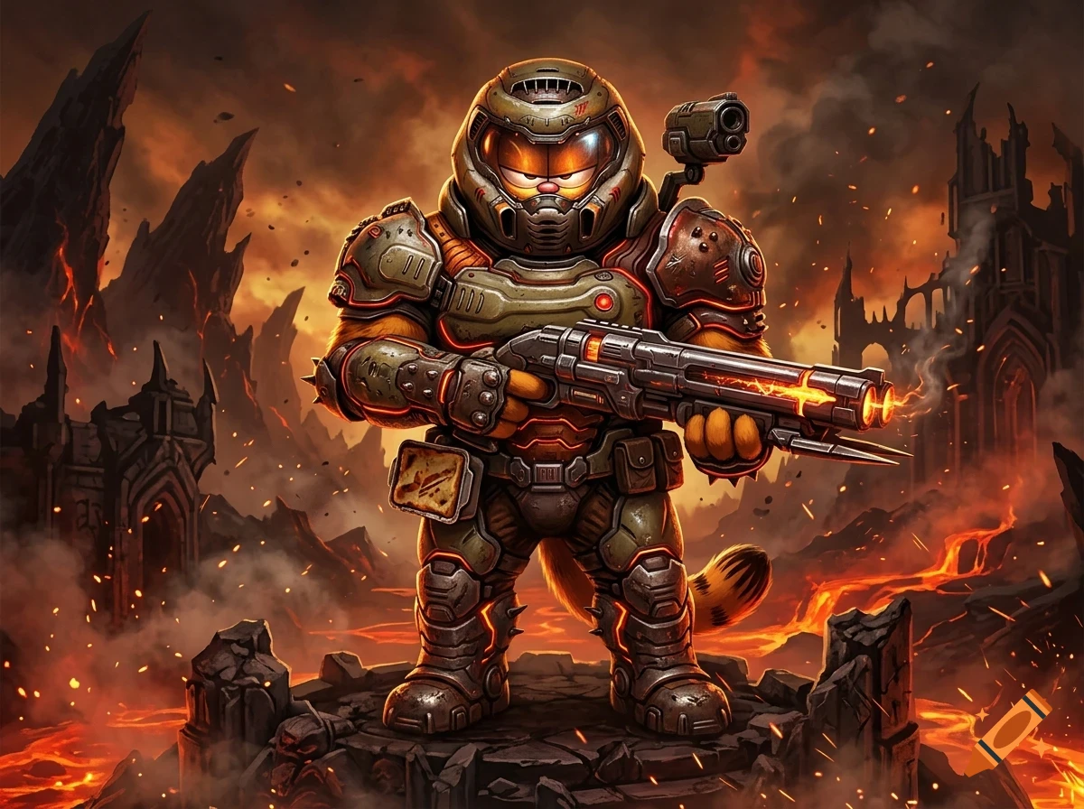 An anthropomorphic orange cat dressed in heavy futuristic space armor and holding a weapon, standing on a rocky platform in a fiery, volcanic landscape.