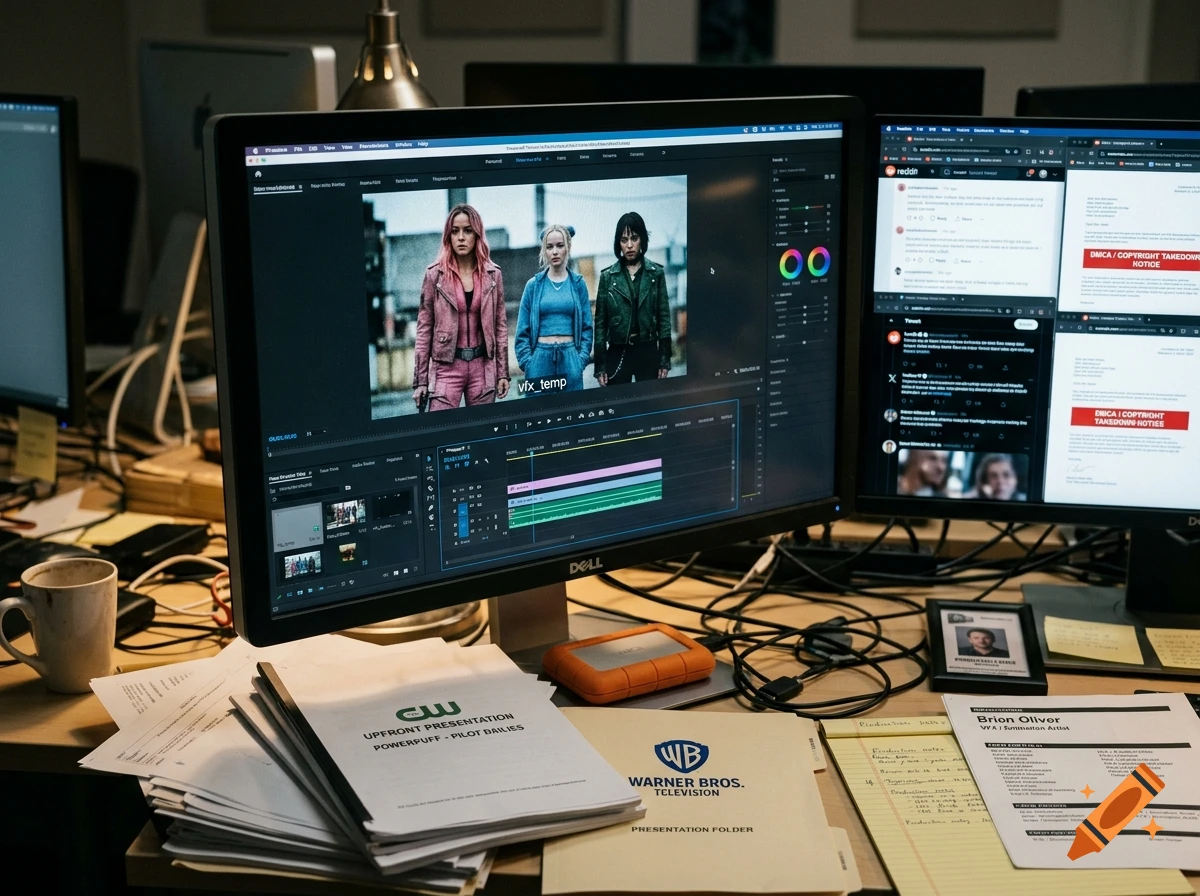 A cluttered desk with monitors displaying video editing software and social media feeds, surrounded by paperwork and scripts.