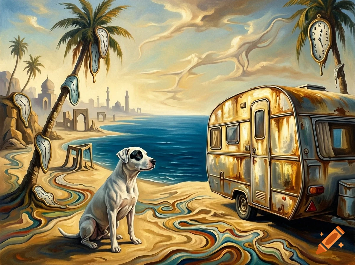 Surrealist painting featuring a white dog sitting on a sandy beach next to a rusty camper, with melting clocks draped over palm trees and distant buildings along the coastline under a dramatic cloudy sky.