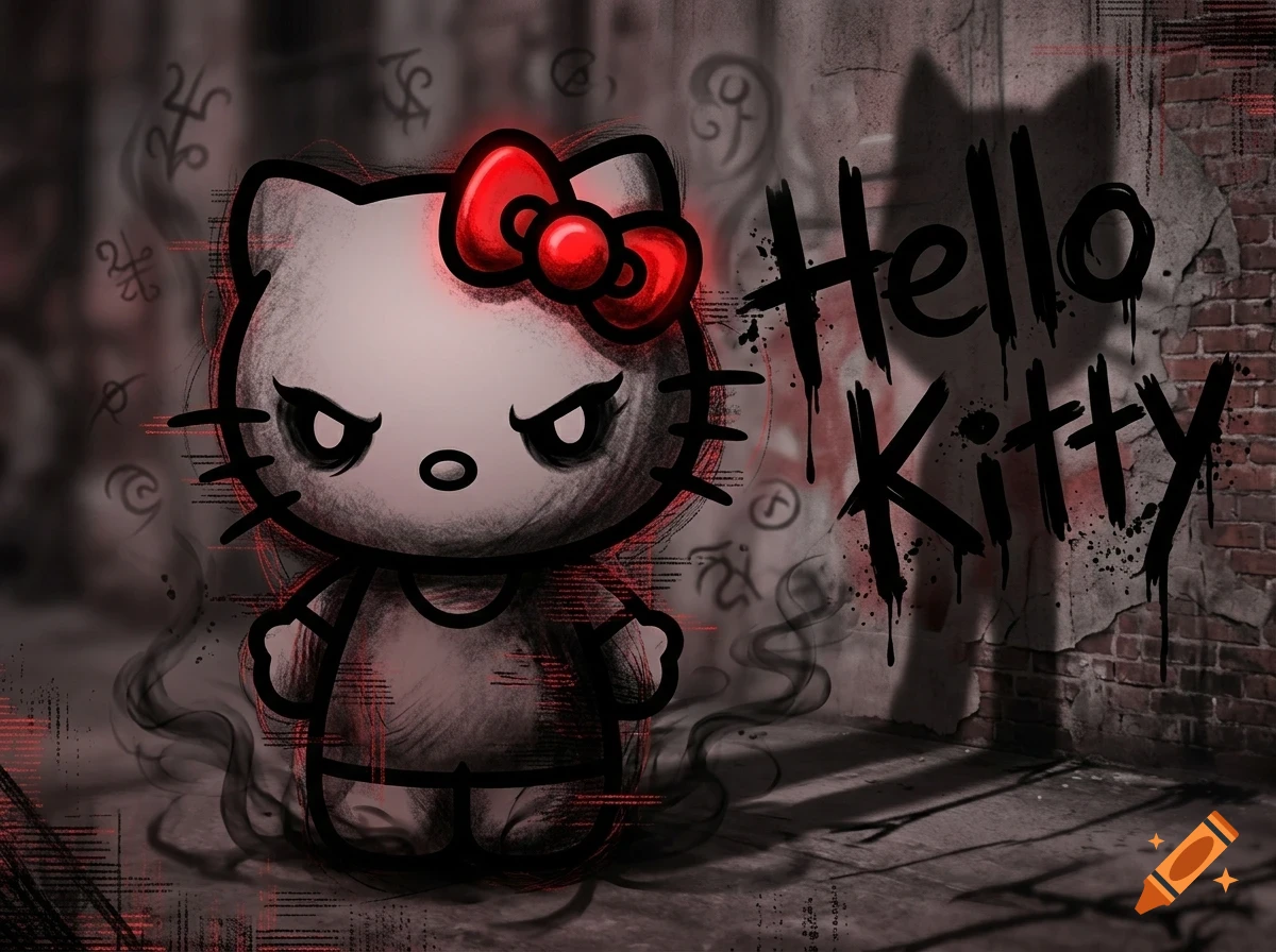 An edgy, dark-themed illustration of Hello Kitty with glowing red eyes and bow, standing in front of a brick wall with graffiti reading Hello Kitty.