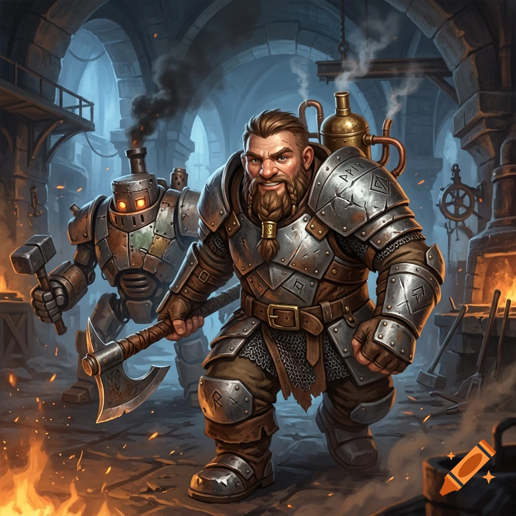 Digital illustration of a young dwarven warrior in steel armor holding a battle axe, with a small steam walker in an underground forge.