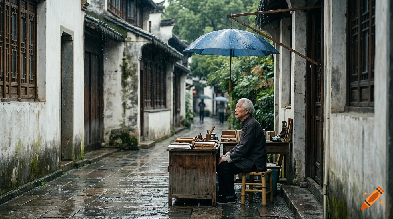 An elderly person sits at a desk on a narrow street with traditional buildings while it rains under a blue umbrella.