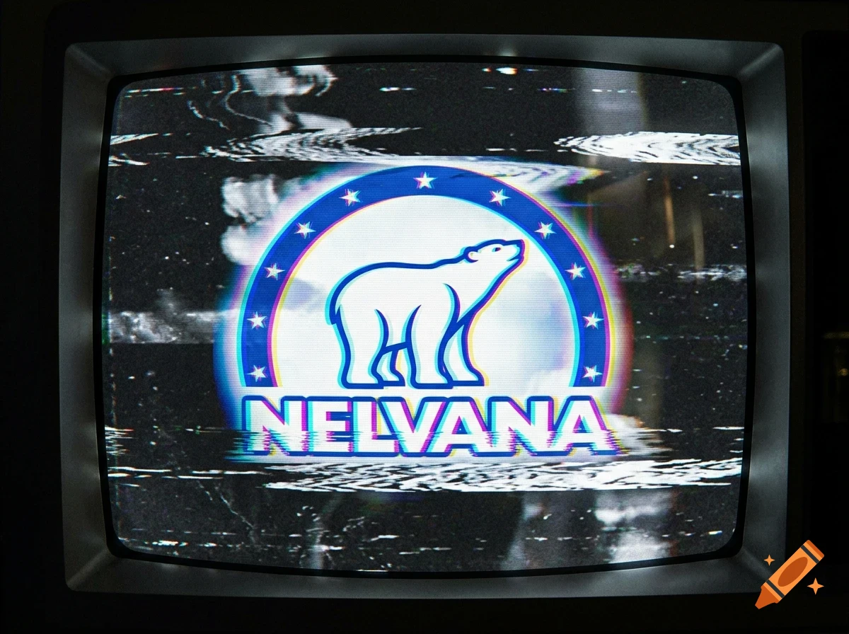 An old CRT television screen displaying the Nelvana logo with a white polar bear inside a blue arc with stars against a static background.