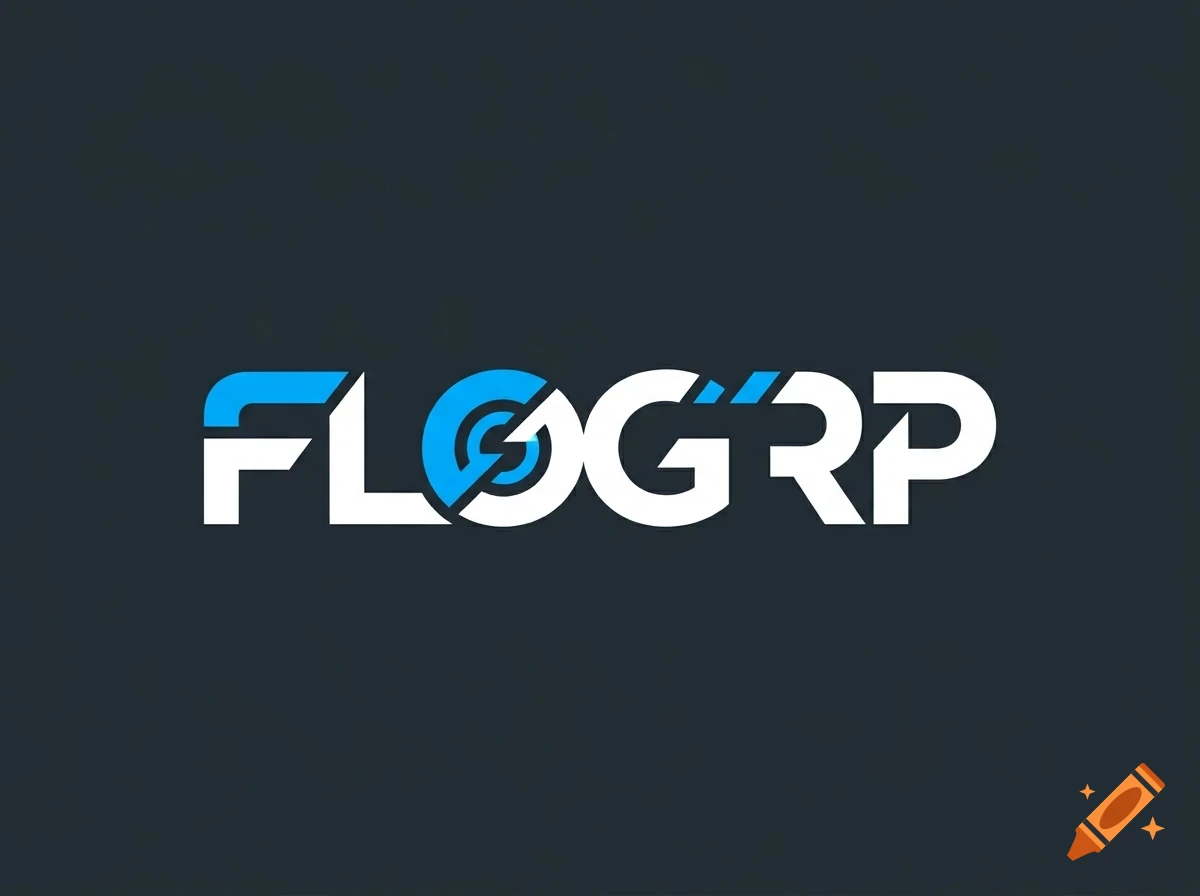 A stylized logo design reading "FLOGRP" in white and blue on a dark background.