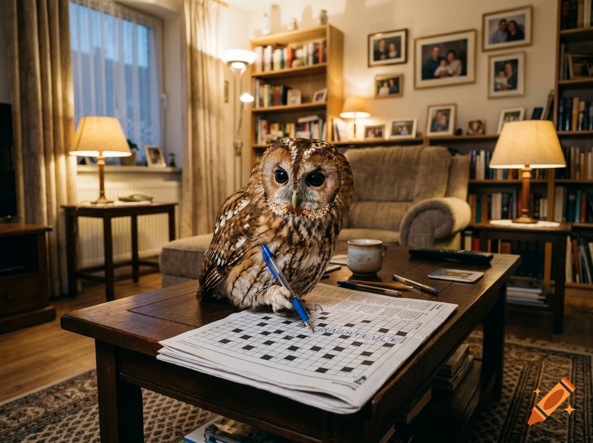 An owl holding a blue pen and doing a crossword puzzle on a coffee table in a living room.