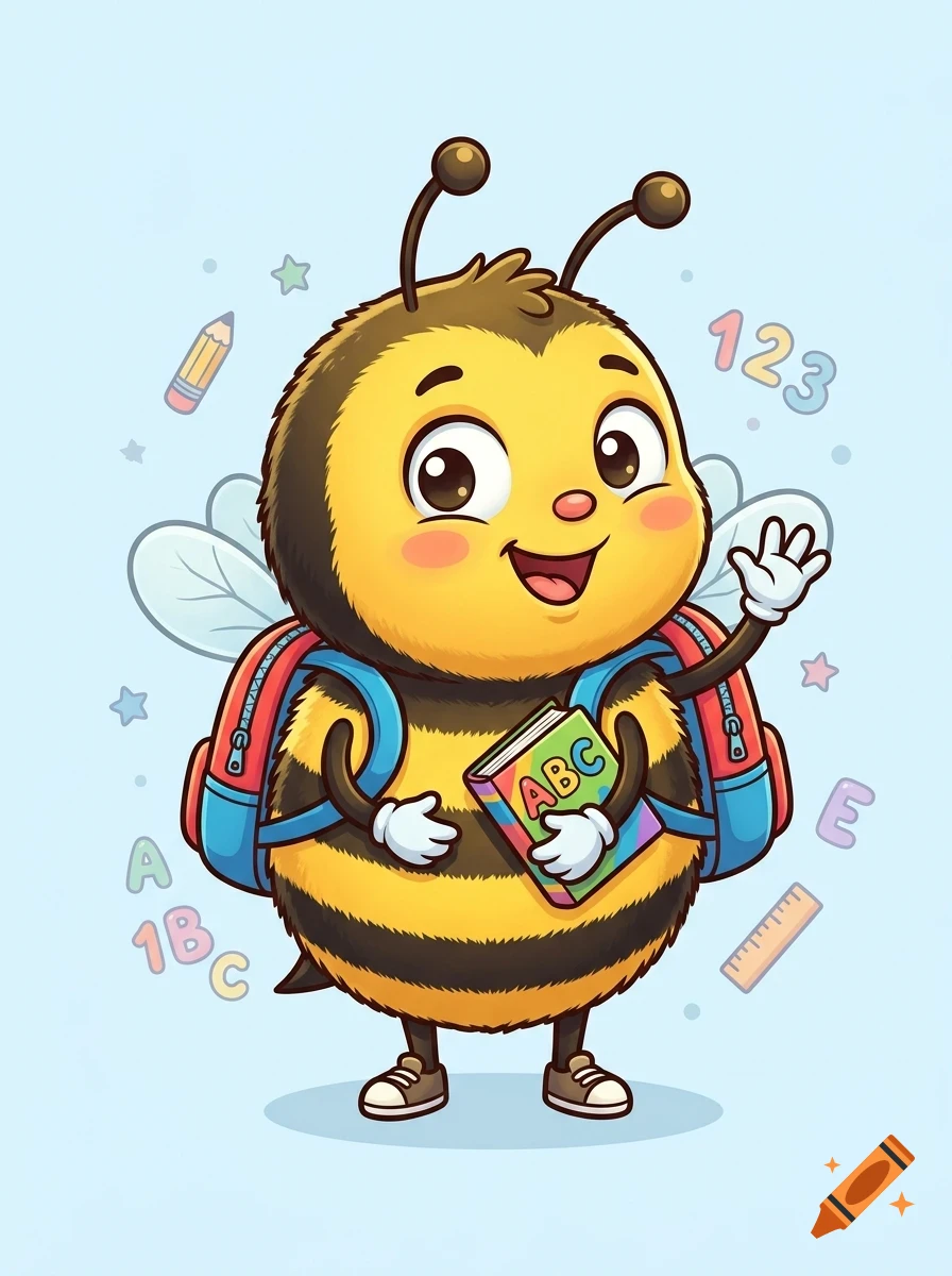 Cartoon illustration of a cute anthropomorphic bee wearing a backpack and holding an ABC book while waving hello against a light blue background.