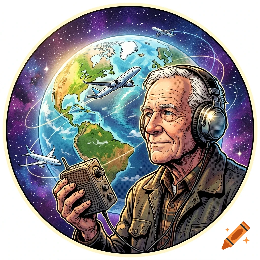 An older man wearing headphones holds a small radio transceiver against a backdrop of Earth in space with airplanes.