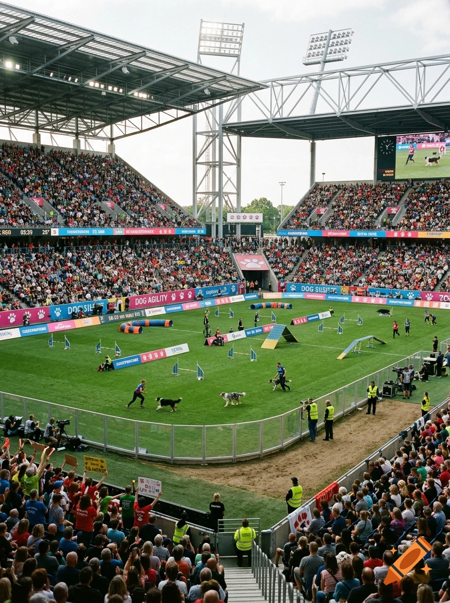 Wide shot of a packed stadium hosting a dog agility competition on a green field, photorealistic.