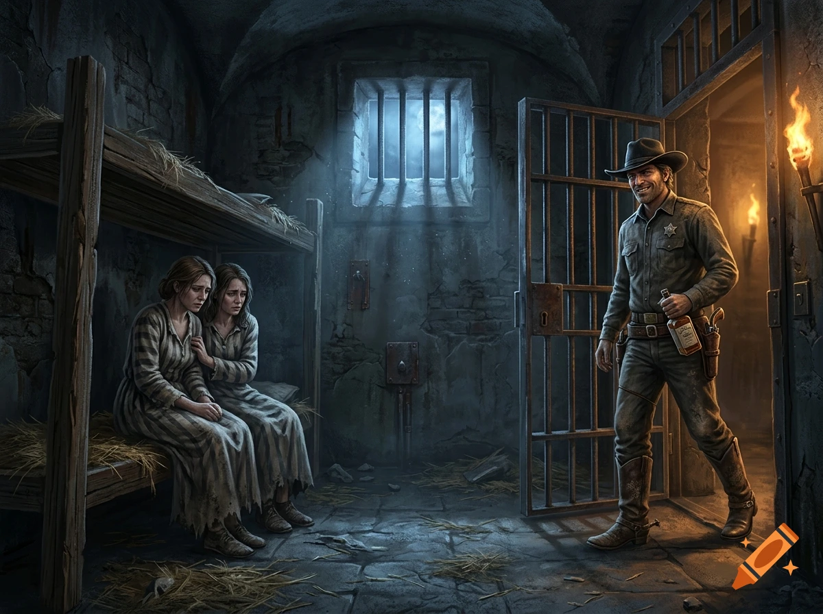 Digital painting of a dark dungeon prison cell where a smiling cowboy sheriff enters, holding a whiskey bottle, near two distressed women on a wooden bunk.