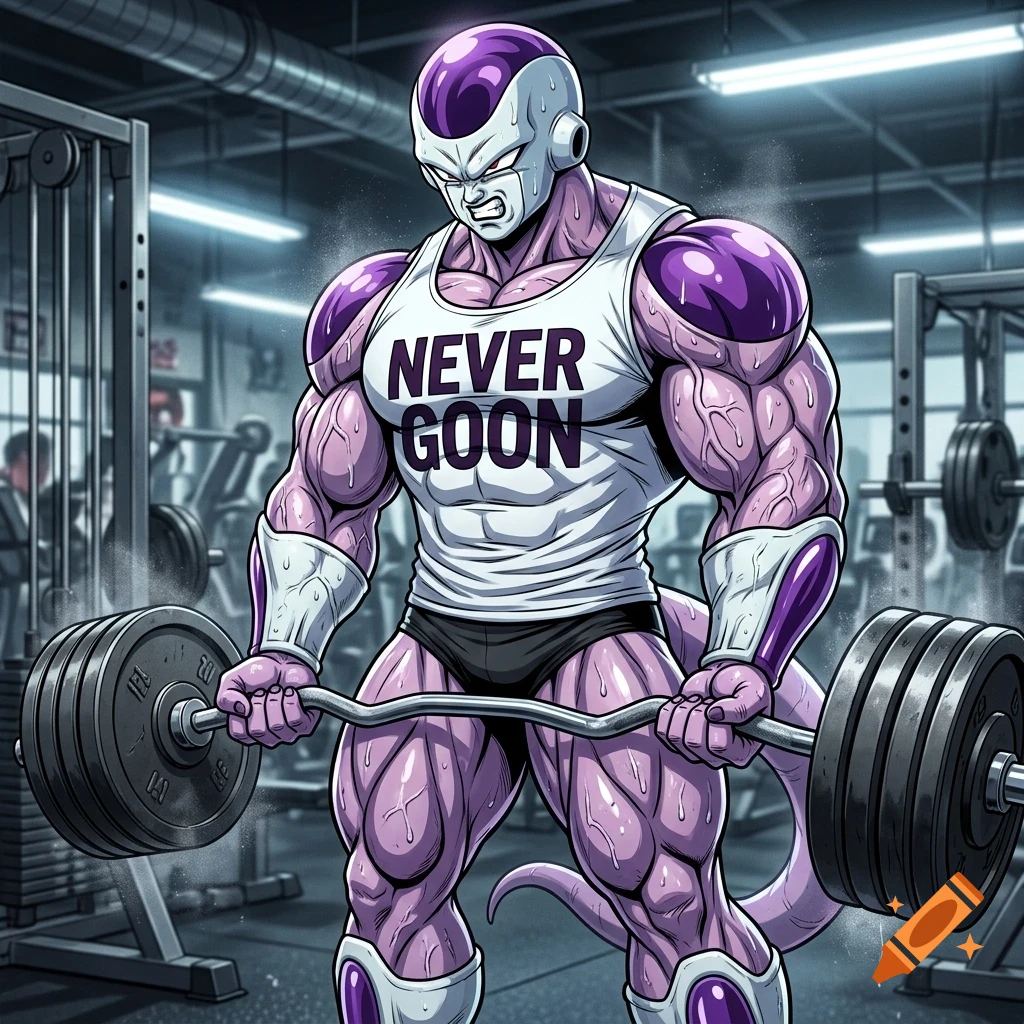 An illustration of a muscular, purple and white fictional character resembling Frieza, lifting a heavy barbell inside a gym.