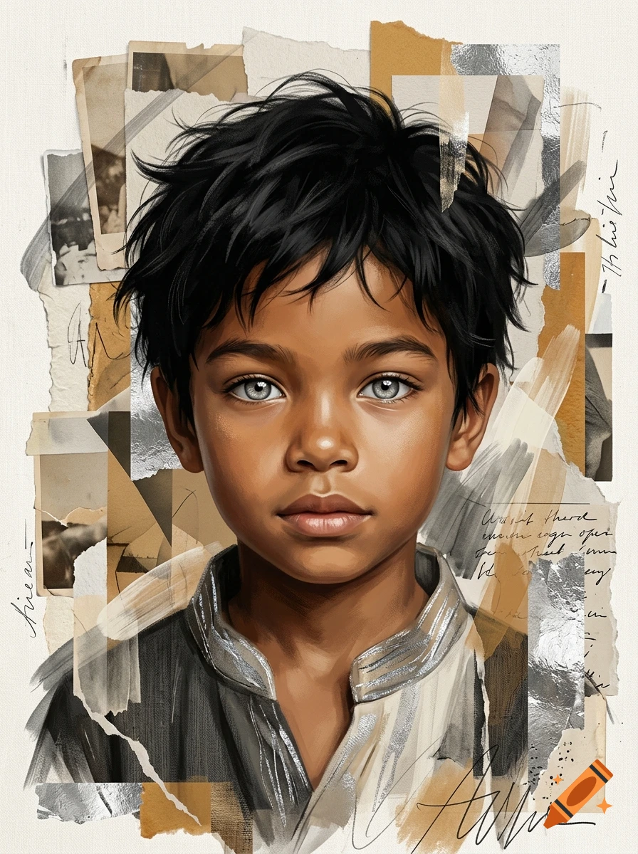 Digital art portrait of a young child with black hair, silver eyes, and tan skin against a collage of paper textures.