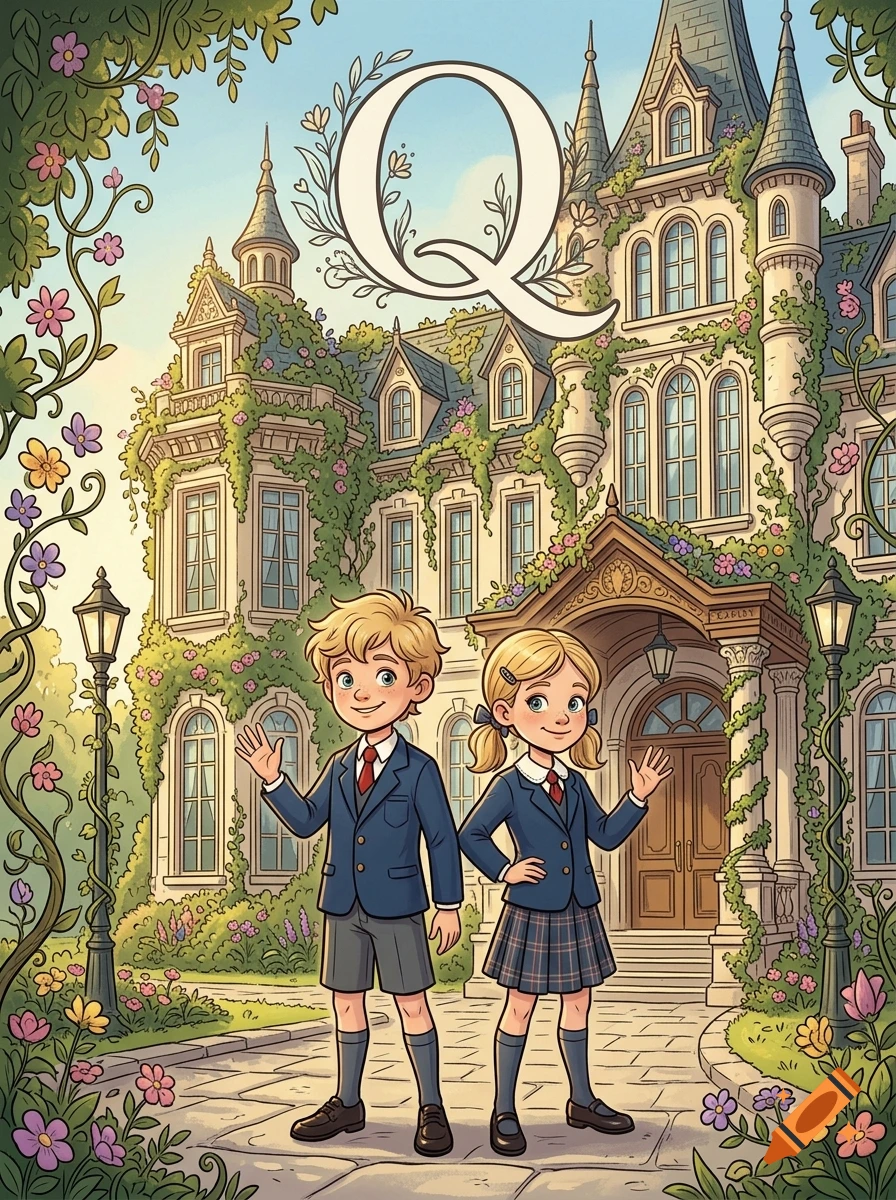 Cartoon book cover featuring a large letter Q, two children in uniforms, and a vine-covered castle.