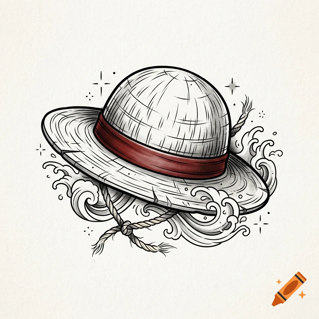 An illustrated drawing of a straw hat with a red band, resting amidst stylized waves and rope accents.