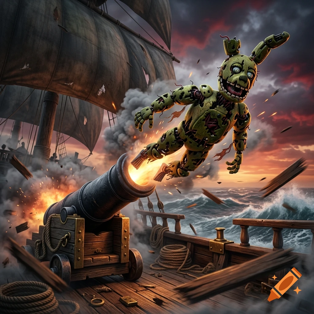 Springtrap from Five Nights at Freddy's flying out of a pirate ship's cannon over rough seas, digital art