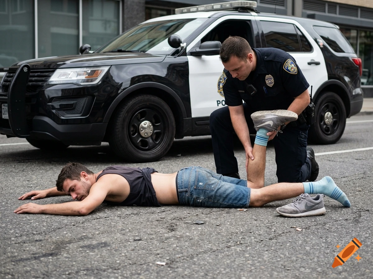 Photorealistic scene of a police officer removing a shoe from a young man lying facedown on the street next to a police car.
