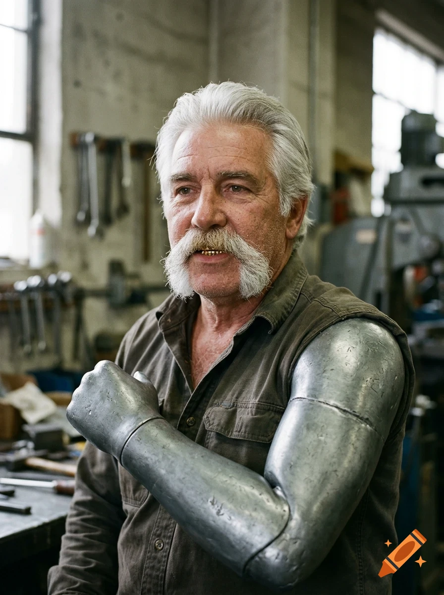 An older man with grey hair and a prominent mustache wearing a metallic prosthetic arm in a workshop.