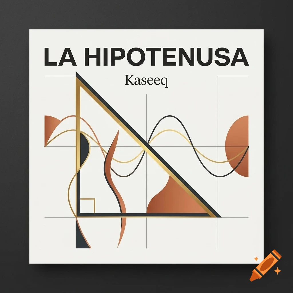 An abstract geometric poster featuring a large right triangle, curved lines, and reddish-brown shapes on a light background, with text reading LA HIPOTENUSA and Kaseeq.