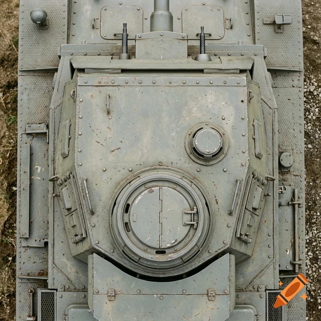 Top-down view of a grey military tank showing its turret, hatches, and riveted armor plating.