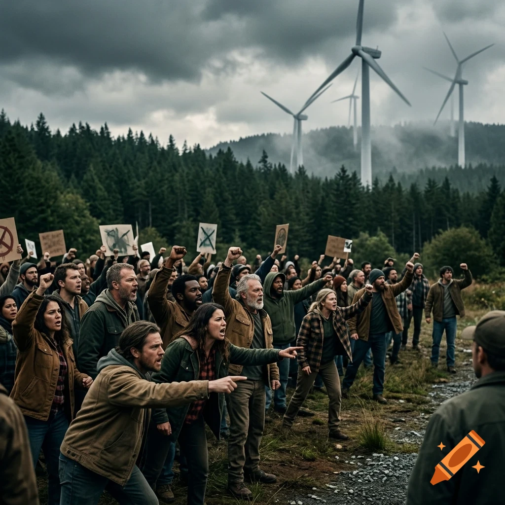A large crowd of protesters protesting in front of a forest with wind turbines under a cloudy sky.